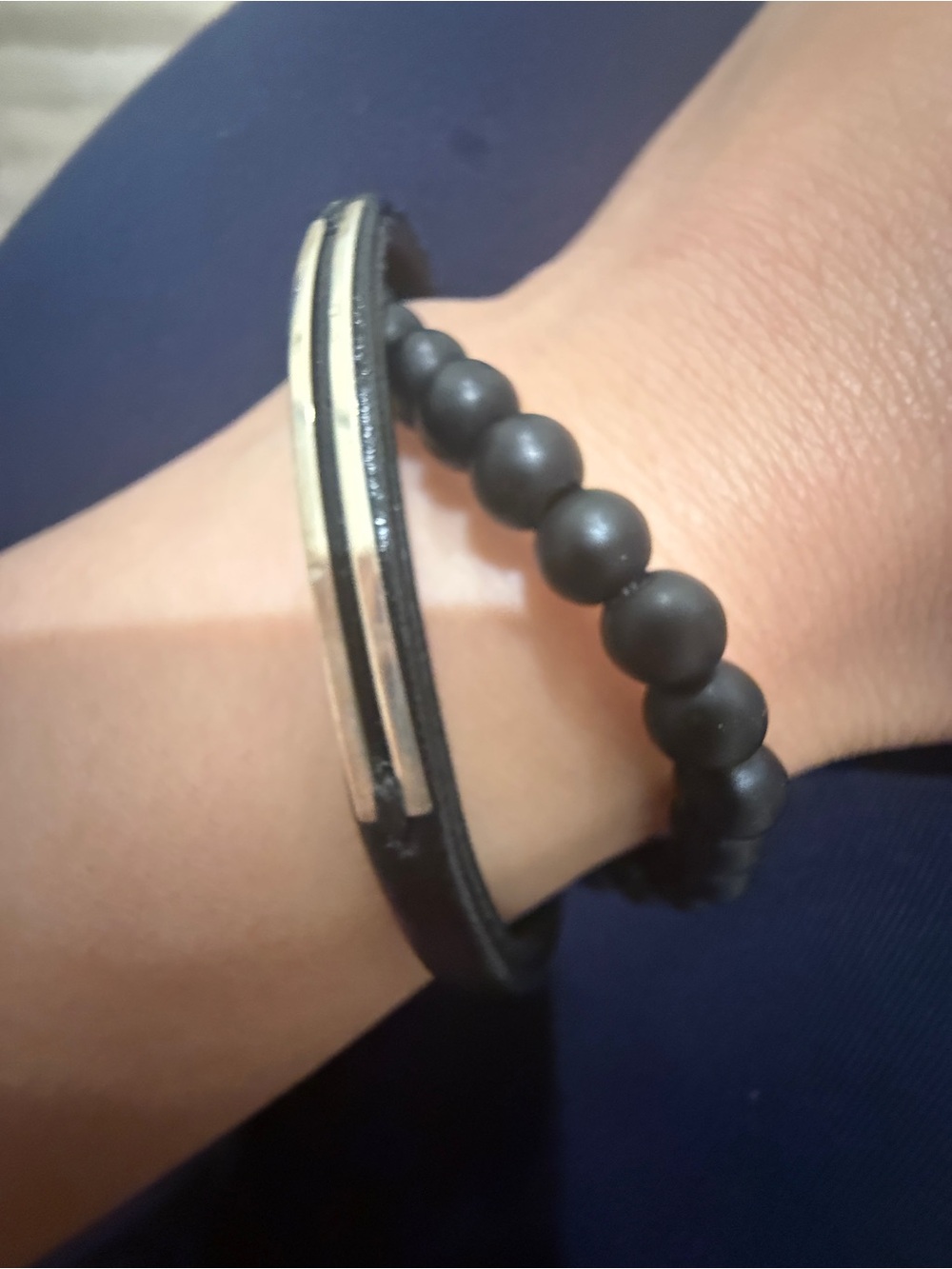 Black Beaded and Leather Accent Bracelet Set